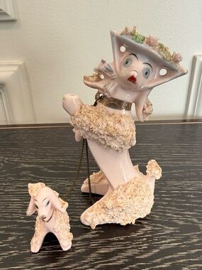 as is 1950’s Pink Ceramic Spaghetti Poodle with Small Poodle